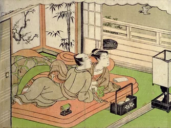 Gravure "Shunga" (érotique) : amants écoutant un coucou par Ippitsusai Buncho (1725-94)