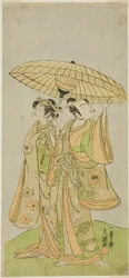 Les acteurs Ichikawa Komazo II en tant que Chunagon Yukihira (à droite), et Iwai Hanshiro IV en tant que Murasame (à gauche), dans la pièce Kuni no Hana Ono no Itsumoji, jouée au Théâtre Nakamura en novembre 1771