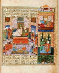 La consommation du mariage entre Khusraw et Shirin, miniature du cycle des huit poètes