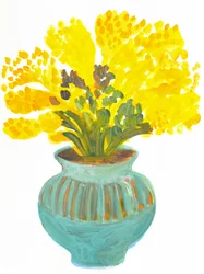Fleurs jaunes dans un vase bleu sarcelle
