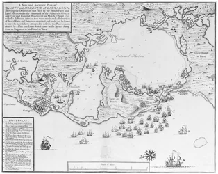 Plan nouveau et précis de la ville et du port de Carthagène, montrant la descente de ce lieu par la flotte et les forces terrestres britanniques, sous le commandement des amiraux Vernon et Ogle et du général Wentworth en mars et avril 1741