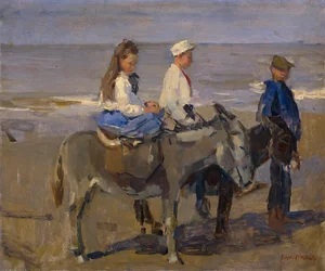 French : Garçon et fille sur des ânes Boy and Girl on Donkeys