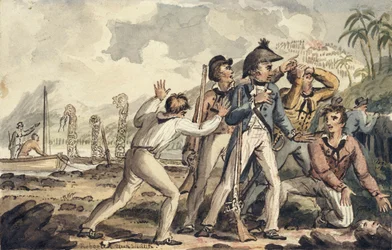 Le capitaine Burney découvrant ses compagnons de bord assassinés, illustration tirée de « The Voyages of Captain Cook »