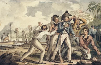 Le capitaine Burney découvrant ses compagnons de bord assassinés, extrait des Voyages du capitaine Cook