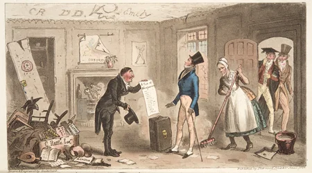 Conforts du collège, un étudiant de première année prenant possession de ses chambres, de The English Spy, publié en 1824