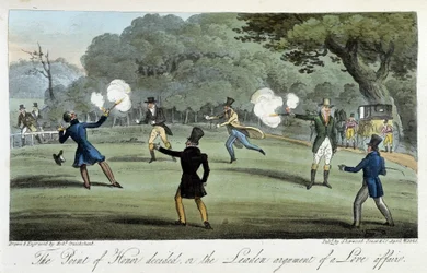 Duel au pistolet pour une affaire de cœur - dans « The English Spy » par Charles Molloy Westmacott, ill. par Robert Cruikshank, Londres