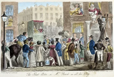 Guignol dans les rues de Londres - dans « The English spy » par C. Molloy Westmacott, ill. par Robert Gruikshand, Sherwood, Londres