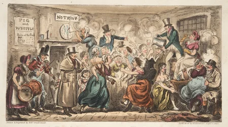 Le Buff Club au Pig and Whistle, Avon Street, Bath, de The English Spy, pub. Londres, 1824
