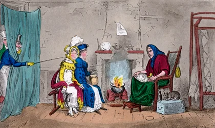 Tom et Jerry attrapant Kate et Sue en vol, faisant lire leur avenir, 19e siècle