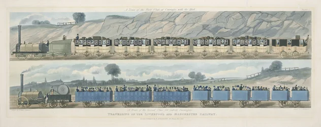 Voyage sur le chemin de fer de Liverpool et Manchester : Un train de première classe avec le courrier, et un train de deuxième classe pour les passagers extérieurs, gravé par S.G. Hughes, 1831