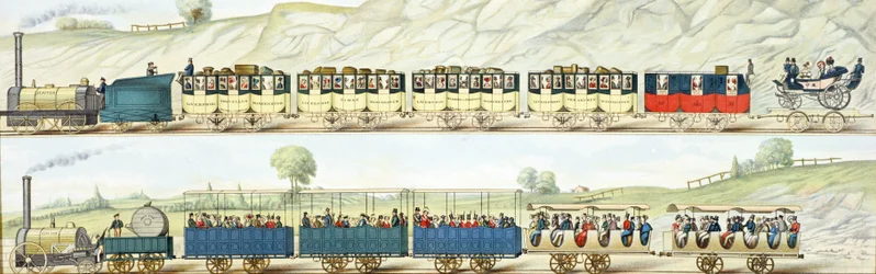 Voyage sur le chemin de fer de Liverpool et Manchester, gravé par S.G. Hughes, vers 1831