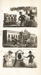 La Pompe à incendie, Transport de marchandises sur un chariot, East India House et London Stone