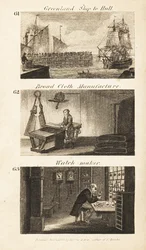 Métiers en Angleterre de la Régence : navire du Groenland à Hull, fabrication de drap et horloger