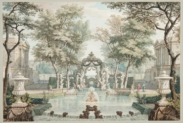Jardin avec bâtiments classiques et une fontaine
