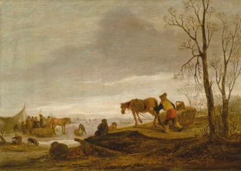 Paysage hivernal avec des personnages sur une rivière gelée