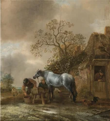 Paysage avec des paysans nourrissant un cheval devant un chalet