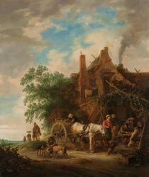 Auberge de campagne avec chevaux et charrettes
