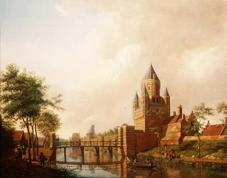 Vue de la Kleine Houtpoort à Haarlem avec la Grote Houtpoort en arrière-plan