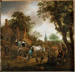 Carrosse devant une auberge (peinture sur bois de chêne)