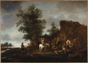Voyageurs se rafraîchissant dans une taverne au bord de la rivière