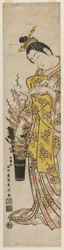 Courtisane lisant un poème attaché à des fleurs dans un vase