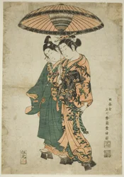 Les acteurs Sanogawa Ichimatsu I et Segawa Kikunojo I en amoureux sous un parapluie