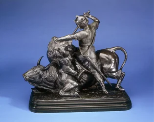 Un roi tuant un lion attaquant un taureau, vers 1874