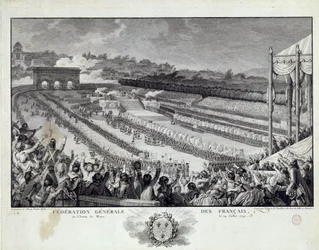 Révolution française : vue de la fête de la Fédération générale des départements français au Champ de Mars à Paris le 14/07/1791. Illustration d