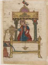 Automate de lavage des mains avec mécanisme de chasse, folio du Livre des dispositifs mécaniques ingénieux