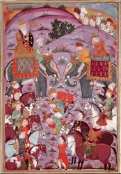 Art islamique : La première rencontre de Roustam et de son aïeul Sam. Miniature persane d