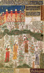 Le prince persan Humay rencontrant la princesse chinoise Humayun dans un jardin, vers 1450