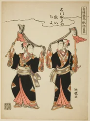 Nui et Chiyo de Daimon Fujiya exécutant la danse du cheval de bois, de la série "Représentations comiques par les artistes des quartiers de plaisir au festival Niwaka (Seiro geiko niwaka kyogen zukushi)"