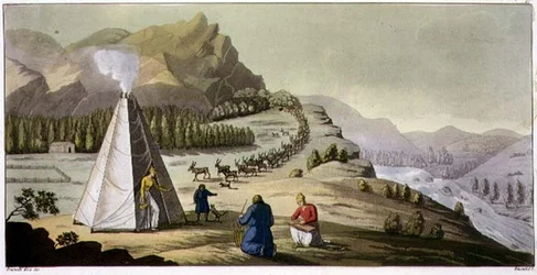 Une hutte lapone ou tente octogonale avec un troupeau de rennes descendant de la montagne, planche 47 de l