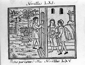 Un couple veut frapper à leur porte. Illustration pour la nouvelle 61 (Nouvelle 1 du 7ème jour) du « Décaméron » de Giovanni Boccaccio dit Jean Boccaccio (1313-1375), écrivain italien. Gravure dans « Decamerone ouer Cento novelle » Venise, Bartolomeo de 