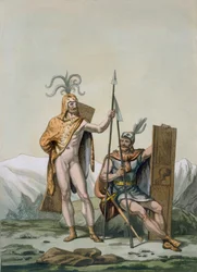 Guerriers celtiques anciens habillés pour la bataille, vers 1800-18