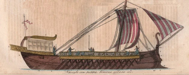 Trirème athénienne, IVe siècle av. J.-C. (acrostole) - Trière ou trirème - gravure tirée de « Usi e Costumi di Tutti i Popoli dell