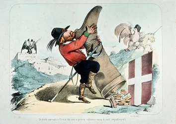 Caricature de Giuseppe Garibaldi vidant une botte (l