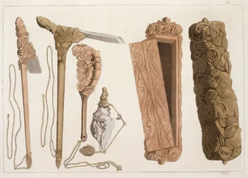 Outils aborigènes sculptés et décorés, illustration d