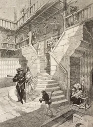 Cour de château, village médiéval à Turin, Italie, gravure par Bonamore de L
