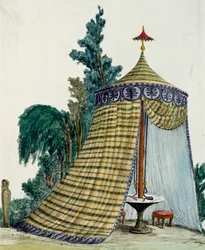 Pavillon chinois dans un jardin, vers 1810, gravure, Italie