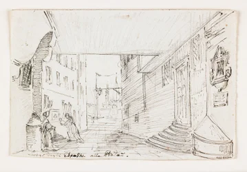 Rue de la ville à Gênes, avec le phare et le port en arrière-plan, début du 19ème siècle