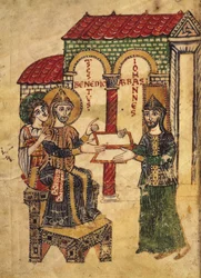 Abbé Jean offrant le manuscrit à Saint Benoît (c.480-c.550), abbé et fondateur de Montecassino, écrit par le diacre Paul, italien, 915, du Commentaire sur les règles monastiques de Saint Benoît