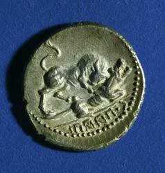 Monnaie des tribus italiques montrant un taureau attaquant la louve romaine, 89-90 av. J.-C.