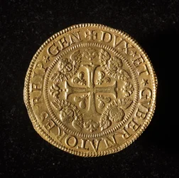Monnaie de la République de Gênes : pièce de 12,5 doppie en or. Diam. 61 mm. 1656. recto. Gênes Musei di Strada Nuova (inv. 6456)