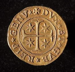 Monnaie de la République de Gênes : pièce de cinq doppie en or. Diam. 41 mm. 1642. recto. Gênes Musei di Strada Nuova