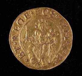 Monnaie de la République de Gênes : pièce de cinq doppie en or. Diam. 41 mm. 1652. verso. Gênes Musei di Strada Nuova