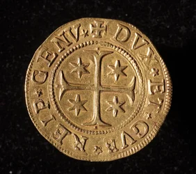 Monnaie de la République de Gênes : pièce de cinq doppie en or. Diam. 41 mm. 1652. recto. Gênes Musei di Strada Nuova