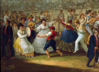 Scène de danse et fête populaire à Naples : danseurs de tarentelle. Peinture anonyme. XVIIIe siècle, Naples, Museo Nazionale di San Martino