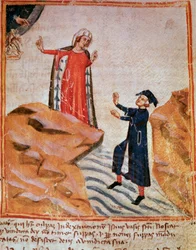 Dante rencontre Mathelda sur la rive du Léthé (chant 28 du Purgatoire, dans la Divine Comédie) - miniature