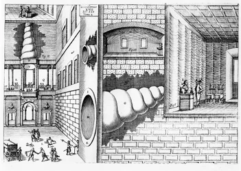 Dispositif pour écouter les conversations dans une piazza, illustration de Musurgia Universalis par Athanasius Kircher, publié à Rome en 1650